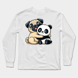 Panda Bear and Pug Dog Hugging Long Sleeve T-Shirt